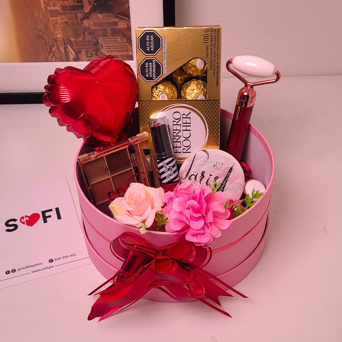 Regalo para mujer con Masajeador facial, espejo, maquillaje para cejas y chocolate
